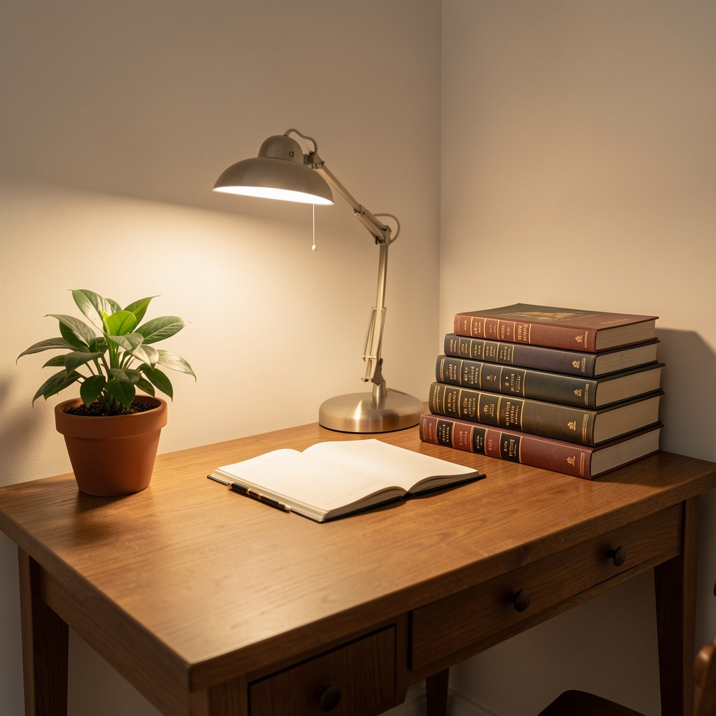 Tranquil corner workspace with a wooden writing desk, a small potted plant, a neatly stacked set of reference books, and warm directional lamp light creating a calm and organized atmosphere