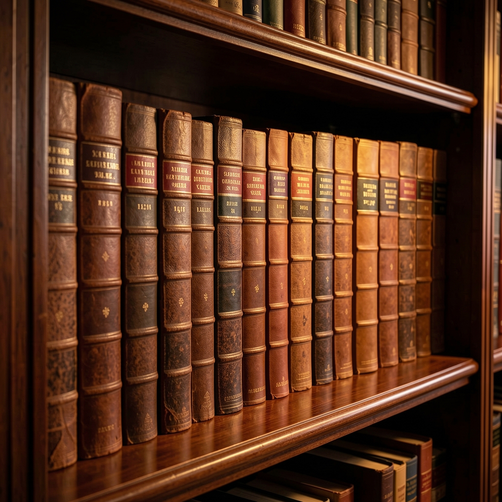 Row of aged leather-bound academic books arranged on a dark polished wooden library shelf, with warm amber reading light casting deep shadows between the volumes