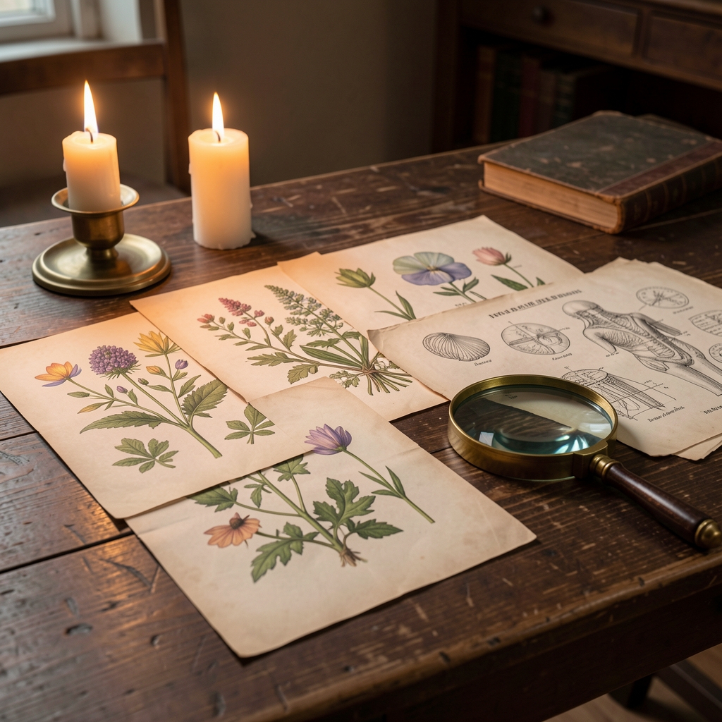 Collection of vintage botanical illustration prints and old anatomical diagram papers spread across a dark wooden research table beside a brass magnifying glass in warm candlelight atmosphere