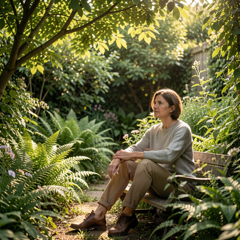 Person sitting in a quiet sunlit garden in a relaxed contemplative pose surrounded by lush green plants, with dappled natural light filtering softly through the foliage overhead