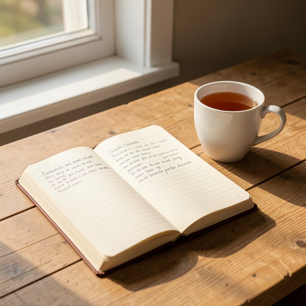 Open hardback journal with neat handwritten notes lying beside a white ceramic cup of tea on a natural wooden desk surface in soft warm morning natural light from a nearby window