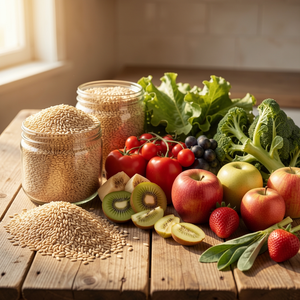 Well-organized collection of natural whole foods including grains, fresh vegetables and fruits arranged on a rustic wooden surface with soft warm daylight entering from the left
